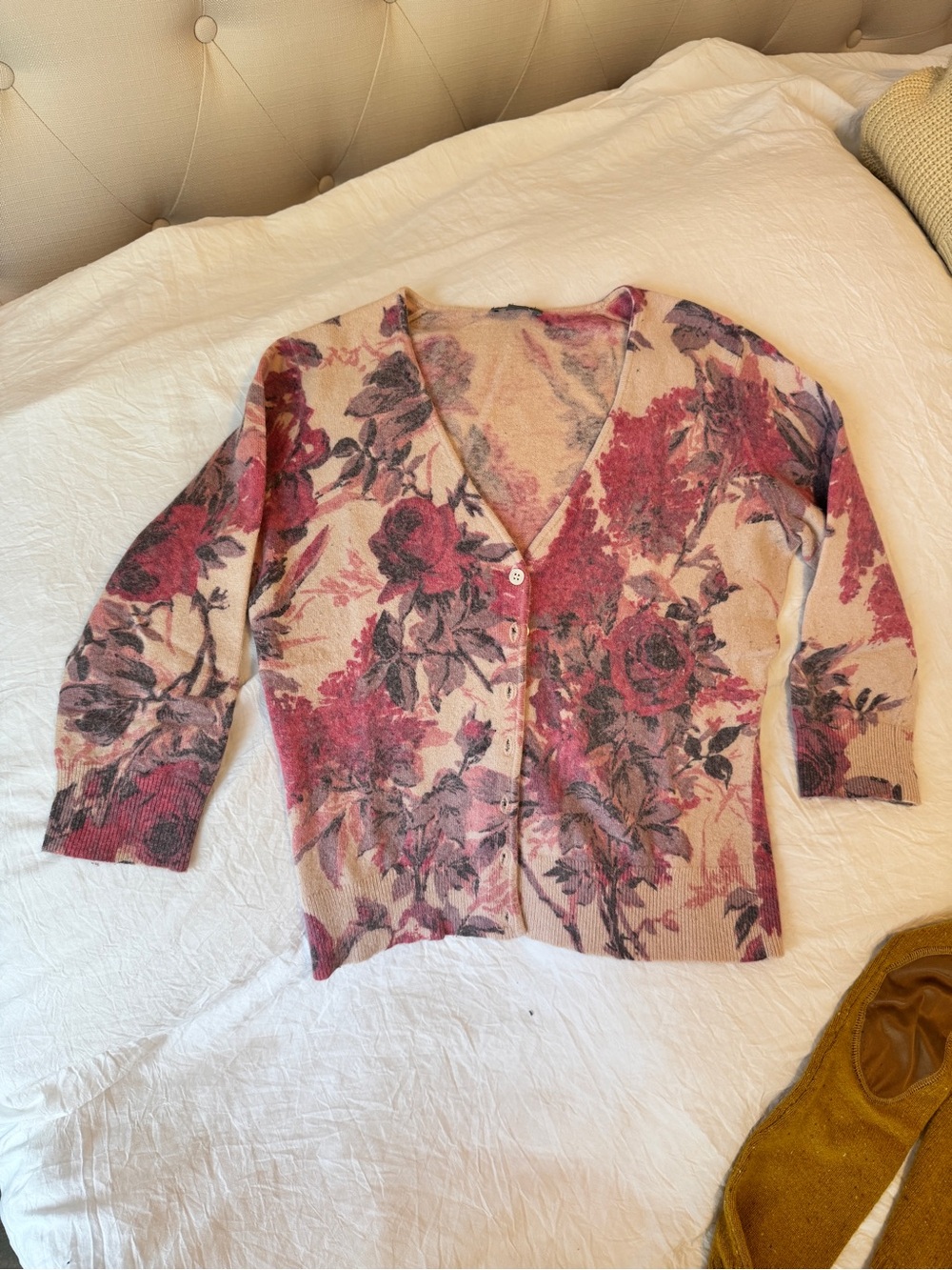 Anne Taylor Cropped 3/4 Sleeve Roses Cardigan, XS